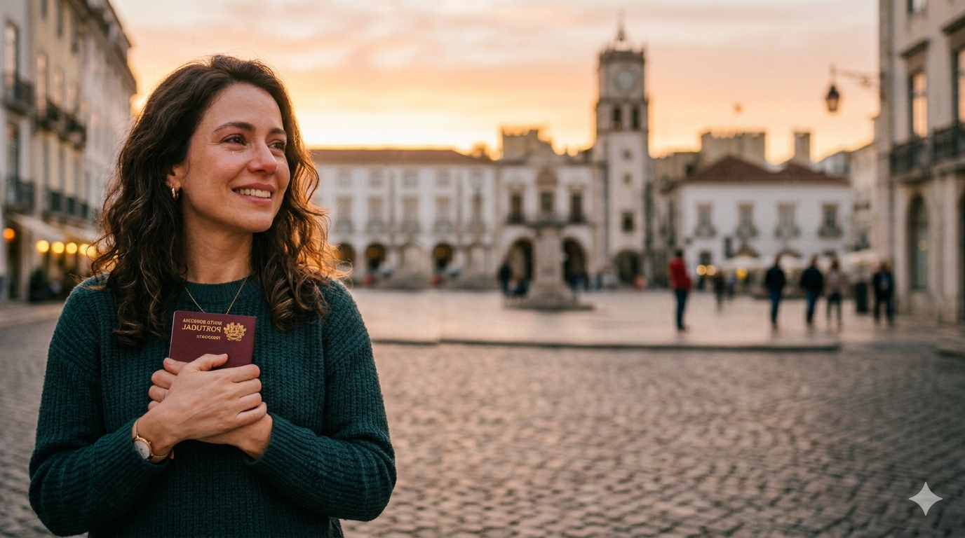 Mulher segurando passaporte português numa praça em Portugal ao pôr do sol